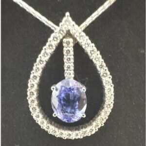 14K White Gold Tanzanite & Diamond Teardrop Necklace Pendant 7g 20” New w/Box